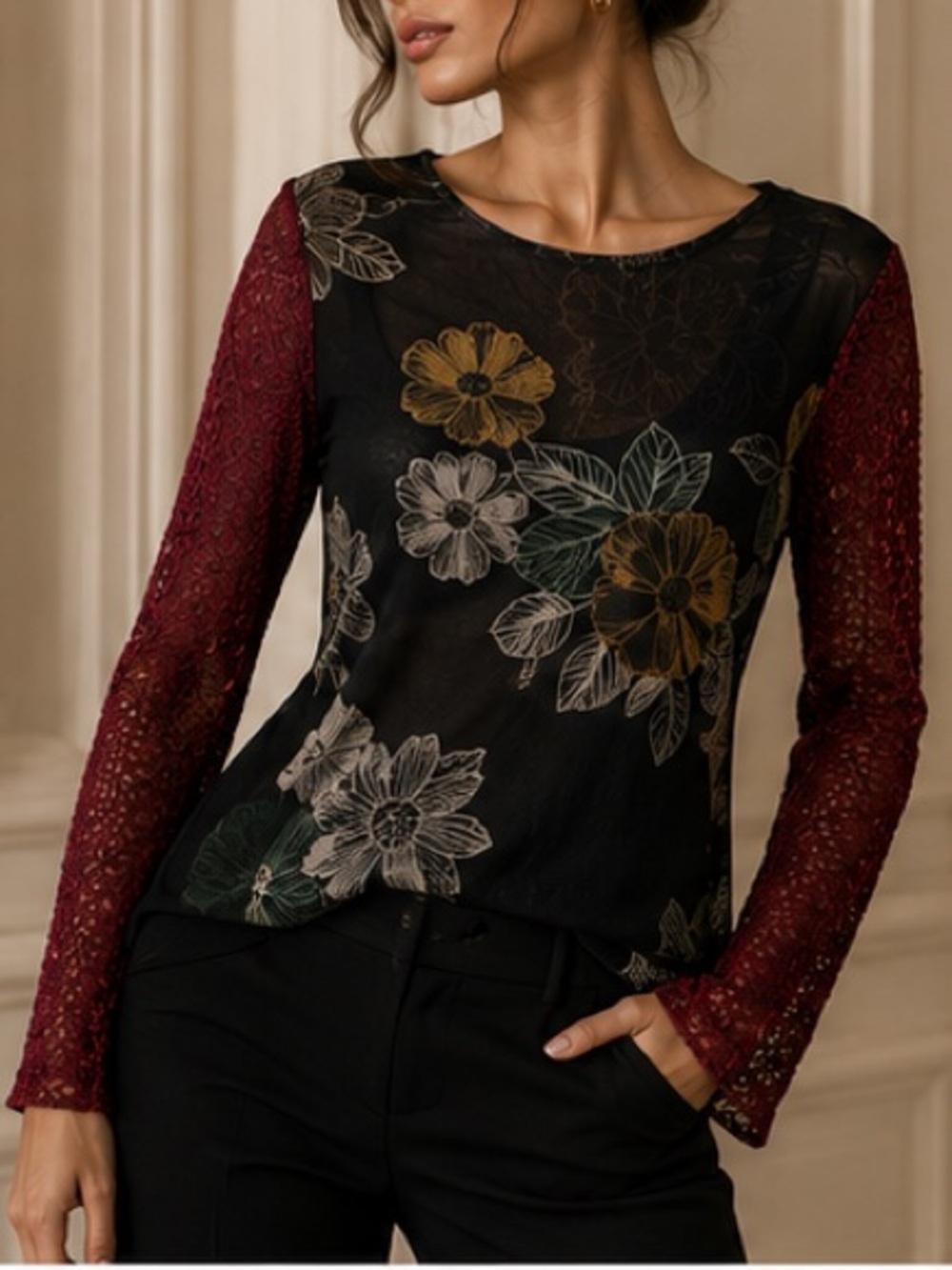 Petit Pois Black Floral Top Double Layer Mesh Excellent Crochet Sleeve L
